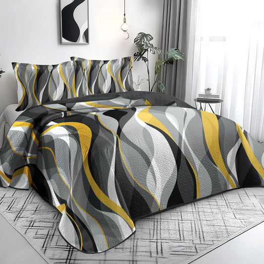 Quilt Bedding King Size Comforter Set Yellow Stripe Bedspreads with 2 Shams, Modern Pattern Lightweight Breathable Coverlet for Summer, 96''X106''