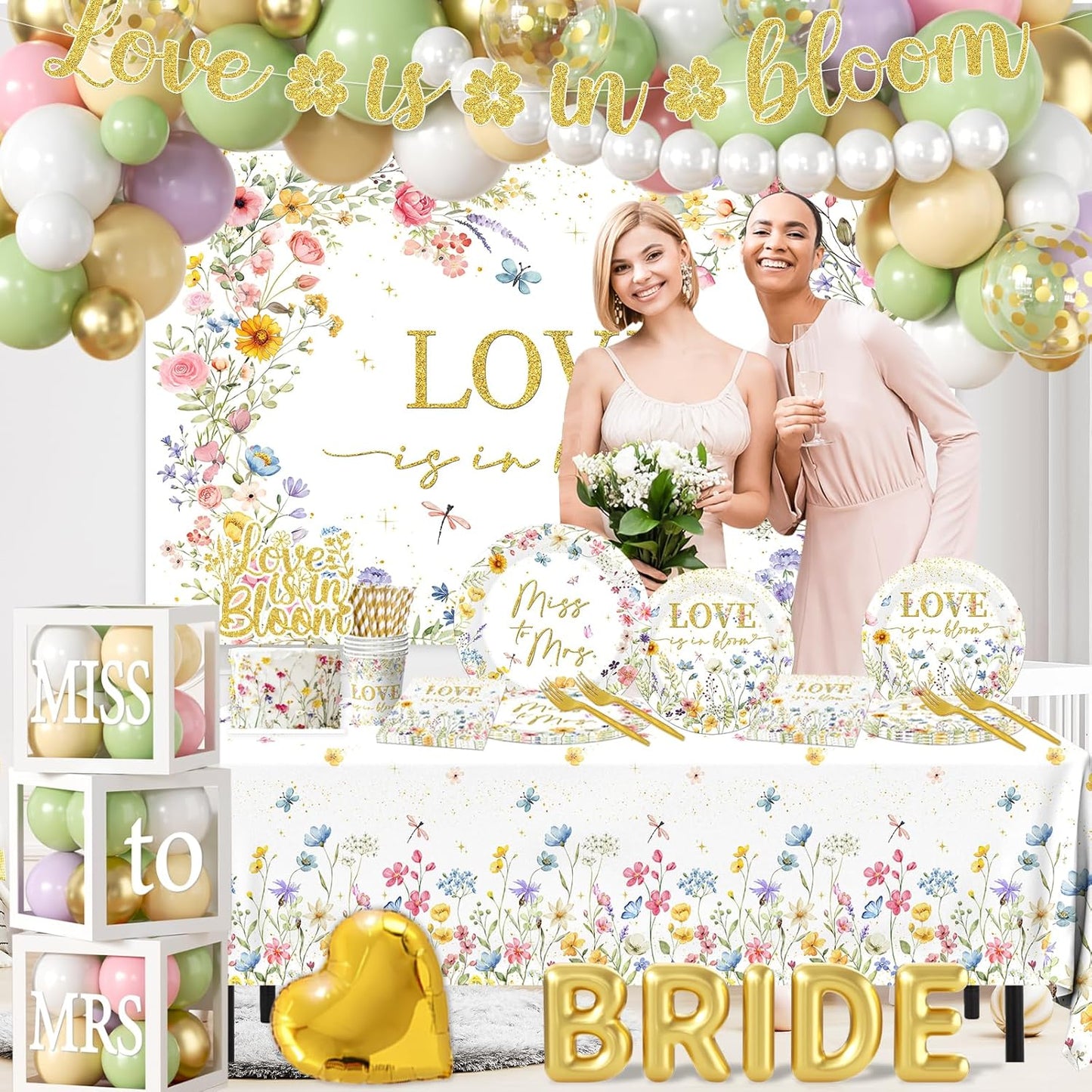 Love is in Bloom Bridal Shower Decorations - 233Pcs Miss to Mrs Tableware and Balloon Arch Garland Set, Floral Themed Wedding Shower Decorations
