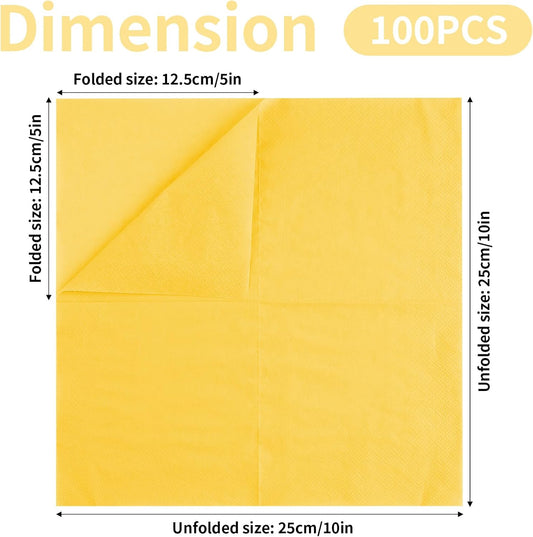 100 Pack Cocktail Napkins, 2-Ply 5x5 Inch Beverage Napkins, Square Edged Disposable Paper Napkins for Wedding, Birthday Party, Dinner, Coffee Bar (Yellow)