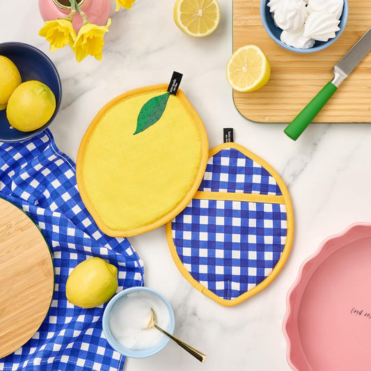 Lemon Party and Spring Gingham Pot Holder 2-Pack Set, Heat Resistant, 100% Cotton, Navy Blue/Yellow, 7"x10"