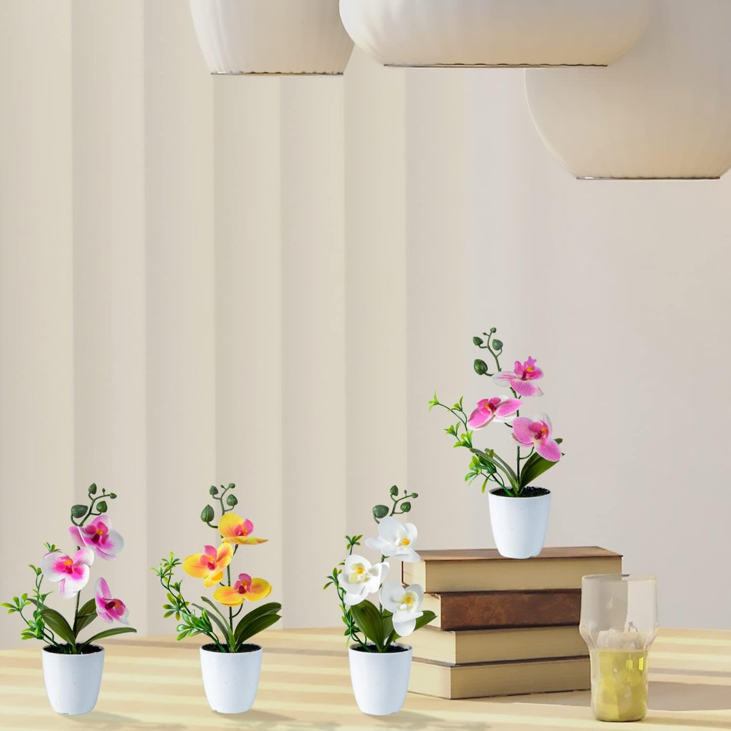 4Pcs Artificial Orchid Flowers Mini Potted Orchid Flowers Fake Orchids with Plastic Vase for Home Office Wedding Table Centerpiece Decoration(White,Yellow,Pink,Light Pink)