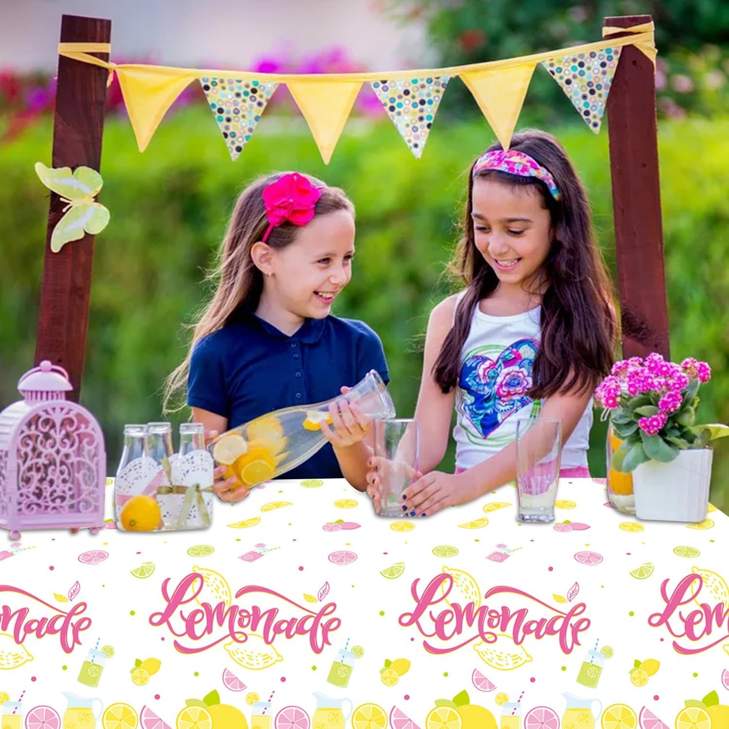 4Pcs Lemonade Stand Tablecloths, Pink Yellow Tablecloth, Rectangular Lemonade Stand Supplies for Kids Birthday Baby Shower Summer Fruit Lemonade Party Decorations, 86 x 51 Inch