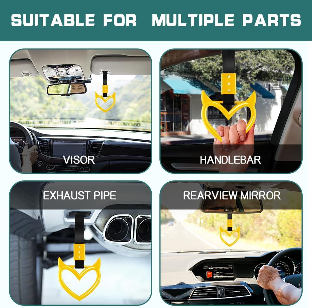 2PCS Devil Heart Handle Ring, Heart Hand Strap Drift Charm, Cute Heart-Shaped Warning Loops, Easy Installation Rear Bumper Warning Ring Decor, Interior Decoration for Car (Yellow)