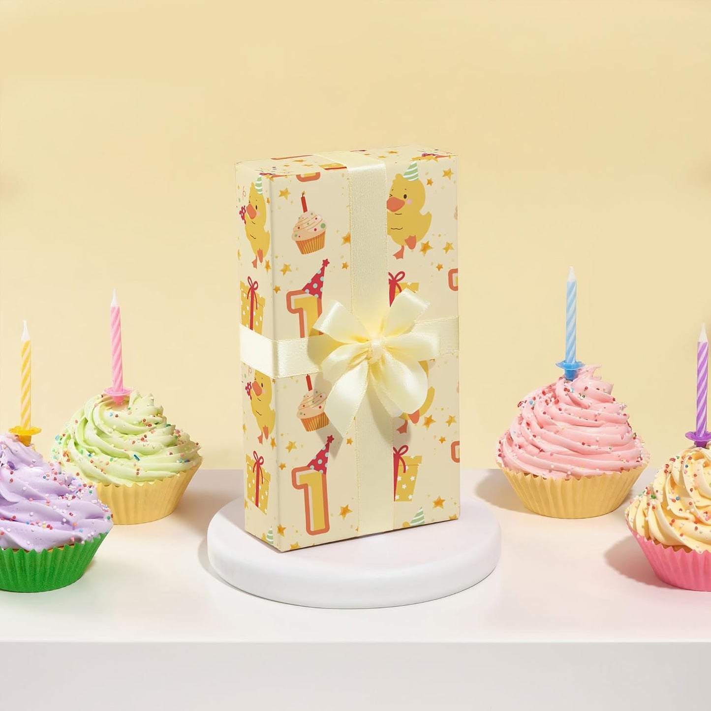 Duck 1st Birthday Wrapping Paper - 4 Jumbo Sheets, 28 * 40 Inches - Yellow Baby Gift Wrap with Cupcake, Gifts, 1" and Stars, Perfect for Boys Girls First Birthday's Party or Baby Shower