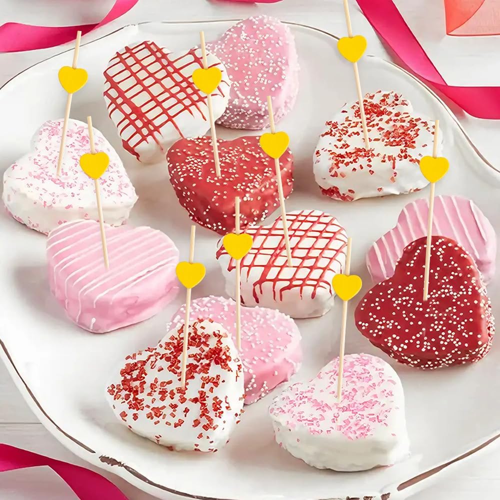 Yellow Heart Toothpicks for Appetizers 200PCS 4.7 Inch Valentines Heart Cocktail Picks for Drinks Food Appetizer Skewers Bamboo Toothpicks for Birthday Valentines Galentines Day Party Decorations