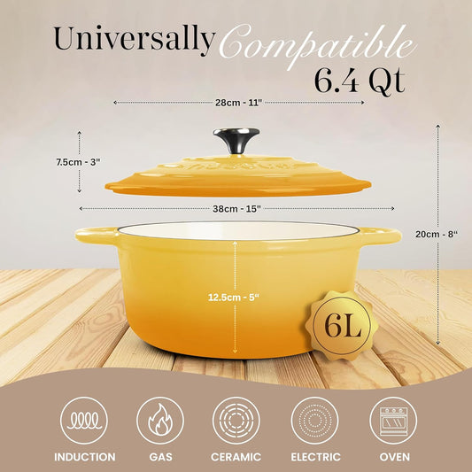 Enamelled Cast Iron Dutch Oven Pot with Lid 6.4 Quart Non Stick Casserole Pot-Heavy Duty & Oven Safe up to 500° F for Bread Baking, Braising, Stews, Roasting - 28cm Yellow