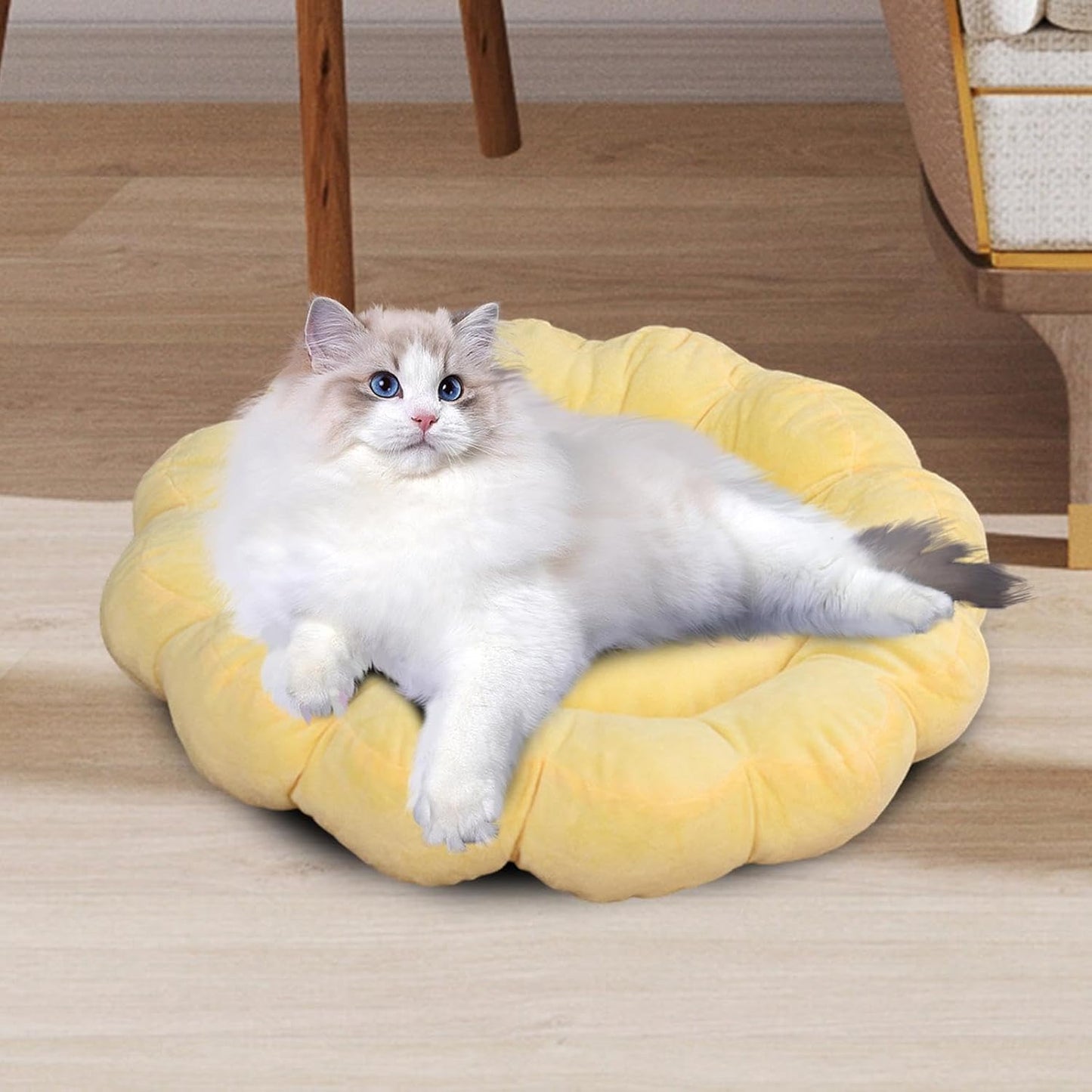 Soft Pet Nesting Bed Small Dog Bed Autumn Winter Pet Sleeping Pad Flower Shaped Round Cat Bed for Kitten Indoor Cats Puppy, Yellow
