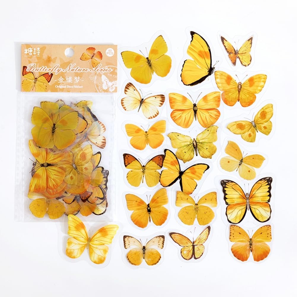 40Pcs Yellow Butterfly Stickers for Scrapbook Junk Journal Water Bottle Diary Gift Wrapping Envelope Laptop Collage Card Making Phone Case Planner DIY Crafts, 20 Designs