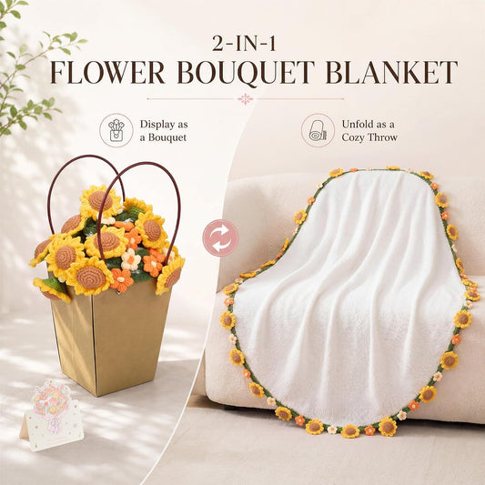 43 in Crochet Flower Bouquet Throw Blanket, Handmade Knitted Blanket with Sunflowers Flowers, Warm Romantic Gifts for Mother’s Day, Mom, Girlfriend, Valentine’s Day, Wedding Anniversary - Yellow