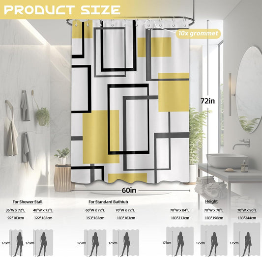 Yieldee Yellow Geometric Shower Curtain for Bathroom Decor, 70 x 72 Inch | Modern Abstract Design, Mens Bathroom Decor, Waterproof Cloth Fabric, Includes Stainless Steel Hooks