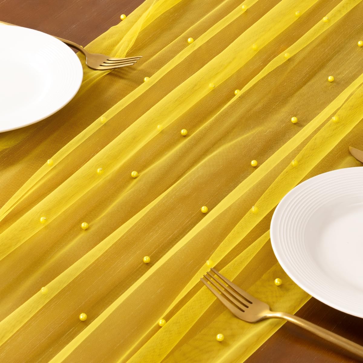 Pearl Table Runner Summer Tulle Gauze Sheer Wedding Party Home Decor | Yellow Cheesecloth 10FT Chiffon Dining Birthday Baby Shower Bridal Anniversary Holiday Centerpiece Table Decorations