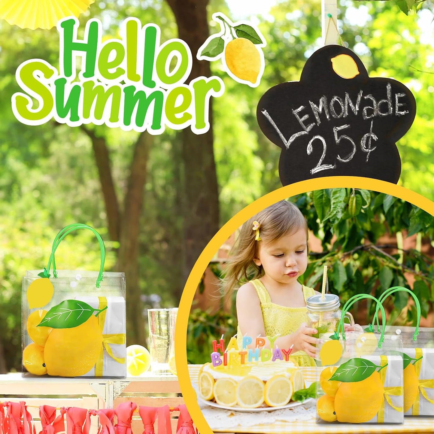 24 Set Lemon Clear Plastic Gift Bags with Handles Blank Lemon Cards Green Ribbons Reusable Favor Bag for Summer Holiday Baby Bridal Shower Wedding Party Supplies