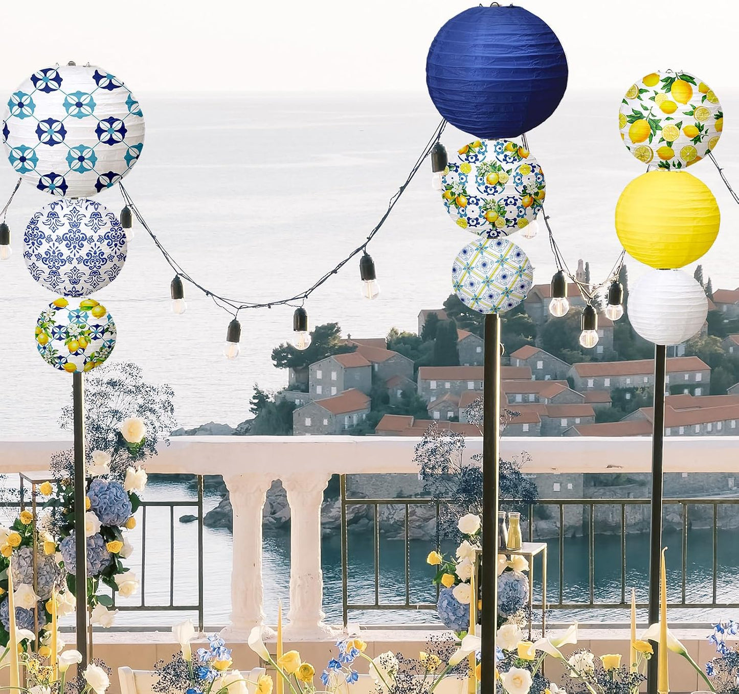12 Pcs Paper Lantern Kit Amalfi Coast Capri Positano Lemon Party Supplies Summer Mediterranean Decorations Yellow Green White Lemon Pattern for Baby Shower Wedding Birthday Decorations