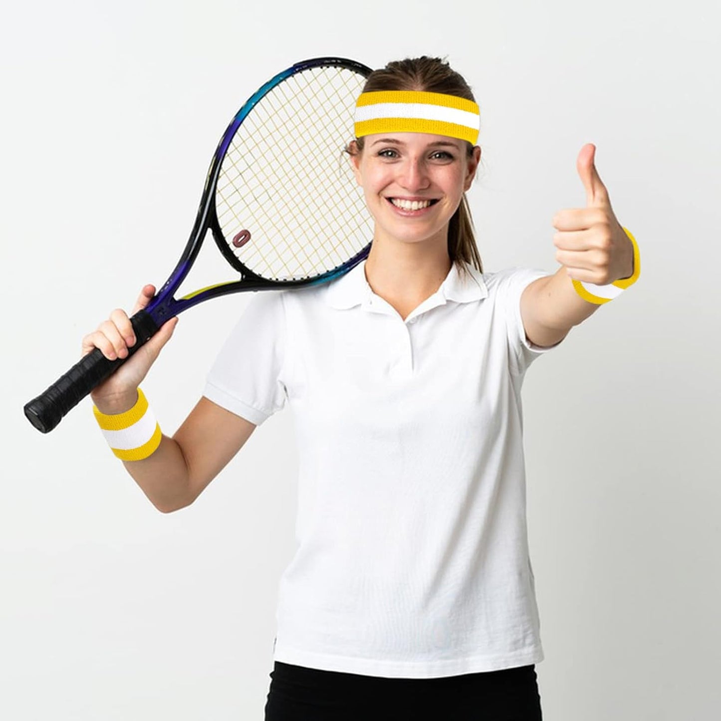 5 Pieces Sweatbands Striped Socks Set Sports Headband Wristbands High Tube Socks 80s Accessories Costumes