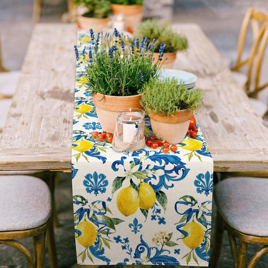 Lemon Table Runner Summer Blue Tile Yellow Lemon Kitchen Tabletop Decoration Vintage Italian Table Cover for Indoor Outdoor Home Dinner Party Supplies, 13 x 72 Inch
