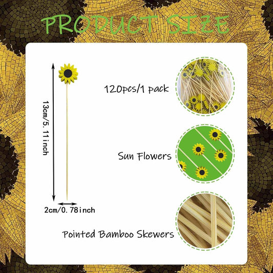 120 Pcs Sun Flower Cocktail Picks 4.7" Drinks Fruits Hawaiian Party Food Garnish Skewer Sticks Halloween Decorations Supplies Cowboy Handmade Bamboo Toothpicks