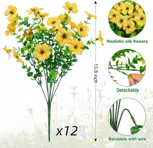 12 Pcs Artificial Flowers for Outdoors Decorations, Yellow | Lifelike silk flowers, UV resistant, faux plastic plants, for garden porch window table vase home indoor outdoor decor