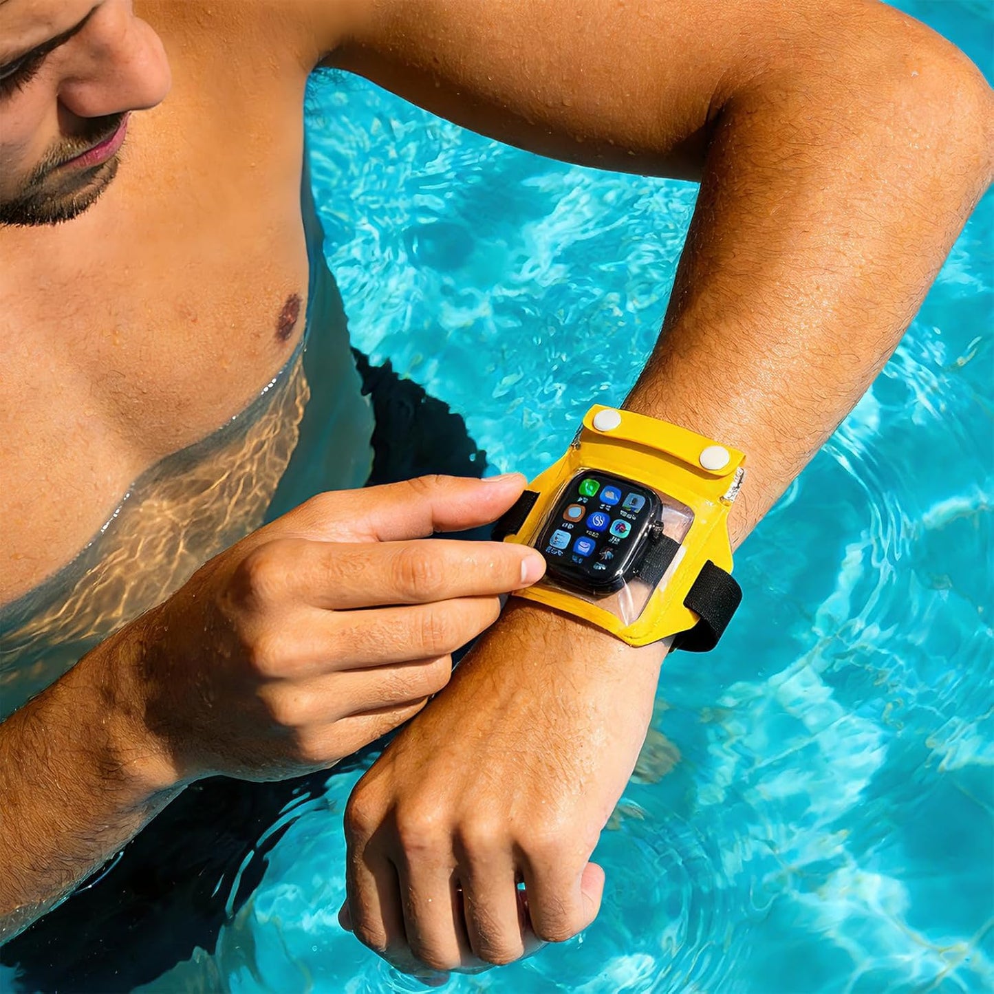 Universal Waterproof Bag for Smart Watch – Weatherproof & Adjustable Floating Touchscreen Smartwatch Case PVC Protector Sleeve for Swimming Drifting Water Festival & Outdoor Work Activities (Yellow)