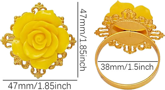 Rose Napkin Rings Set of 12, Yellow Flower Napkin Rings, Gold Metal Serviette Holder for Flower Table Decorations Banquet Wedding Birthday Thanksgiving Valentine's Day, Holiday Daily Use (Yellow, 1.5)