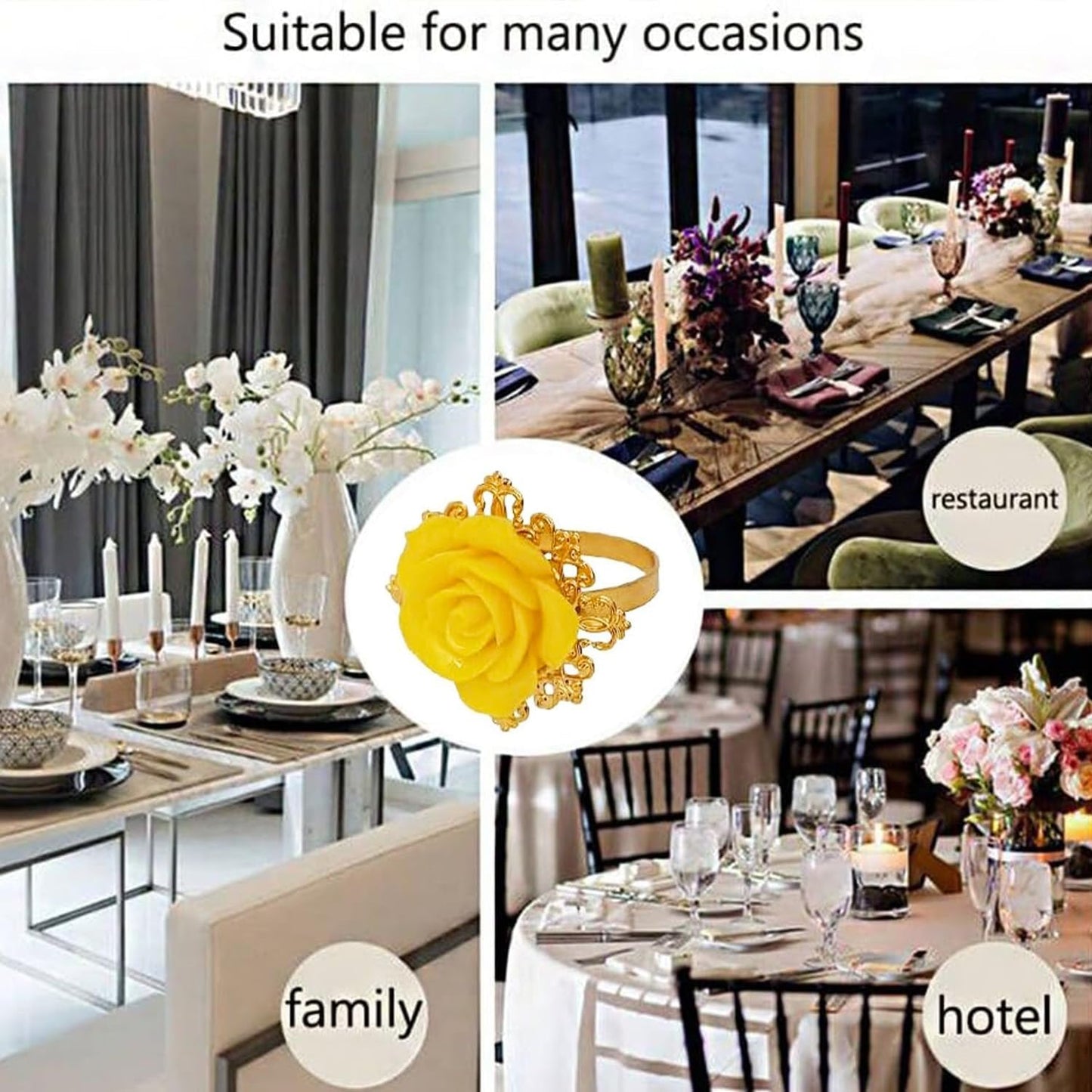 Rose Napkin Rings Set of 12, Yellow Flower Napkin Rings, Gold Metal Serviette Holder for Flower Table Decorations Banquet Wedding Birthday Thanksgiving Valentine's Day, Holiday Daily Use (Yellow, 1.5)