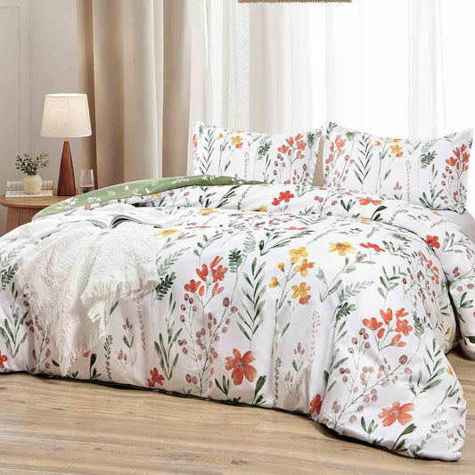 King Size Comforter Set, White Yellow Floral, Green Leaf Pattern Print Reversible Down Alternative Bed Sets - 104 x 90 3PC Soft Microfiber Flower Duvet Vintage Farmhouse Bedding in a Bag for Women Men