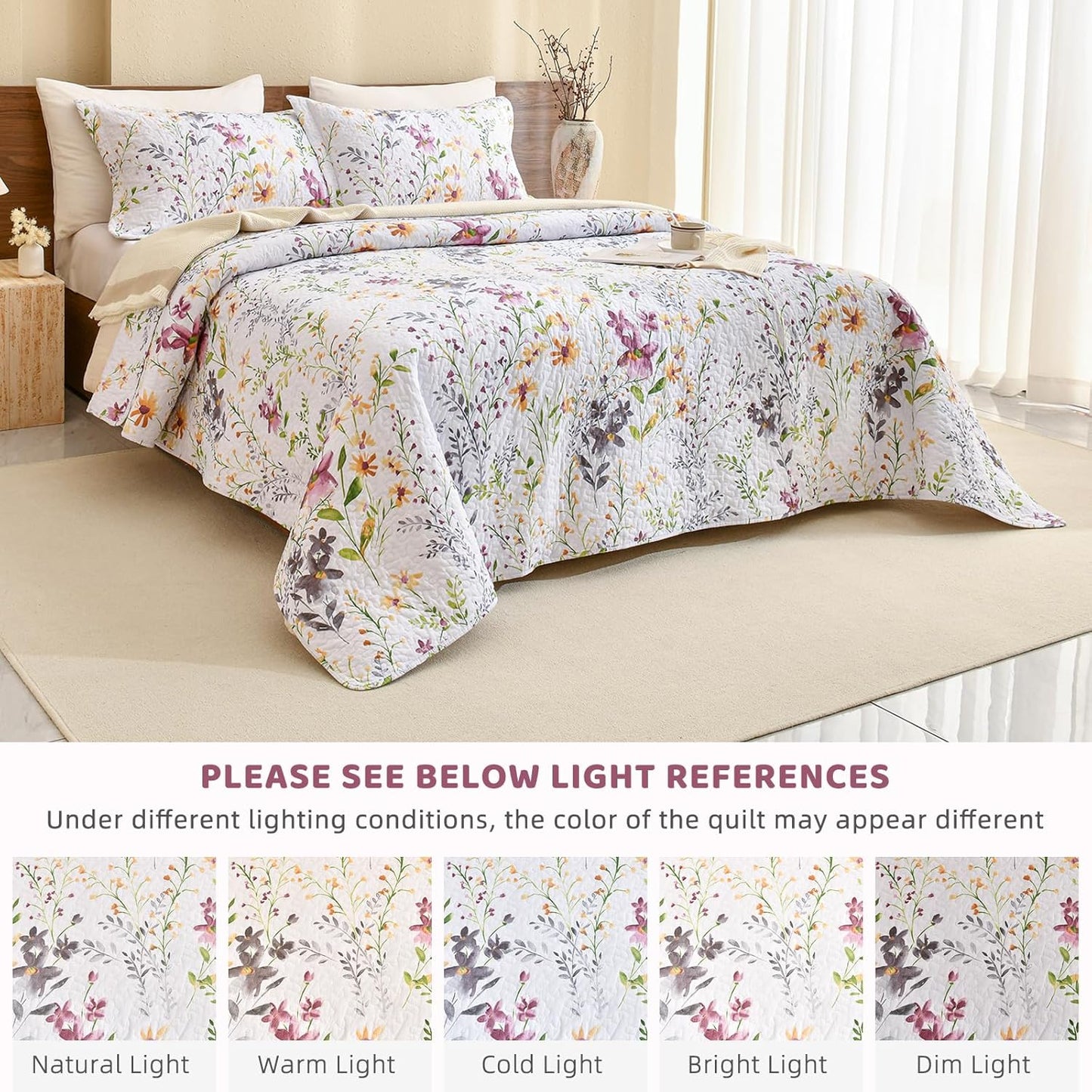 Sanracie 100% Cotton Quilt King Bedding Set(110"x98")-Floral Quilted Bedspreads Set,3pcs Yellow Wild Flower Botanical Printed Pattern Quilt Bedding Coverlet Summer Soft Lightweight Aesthetic Bedding