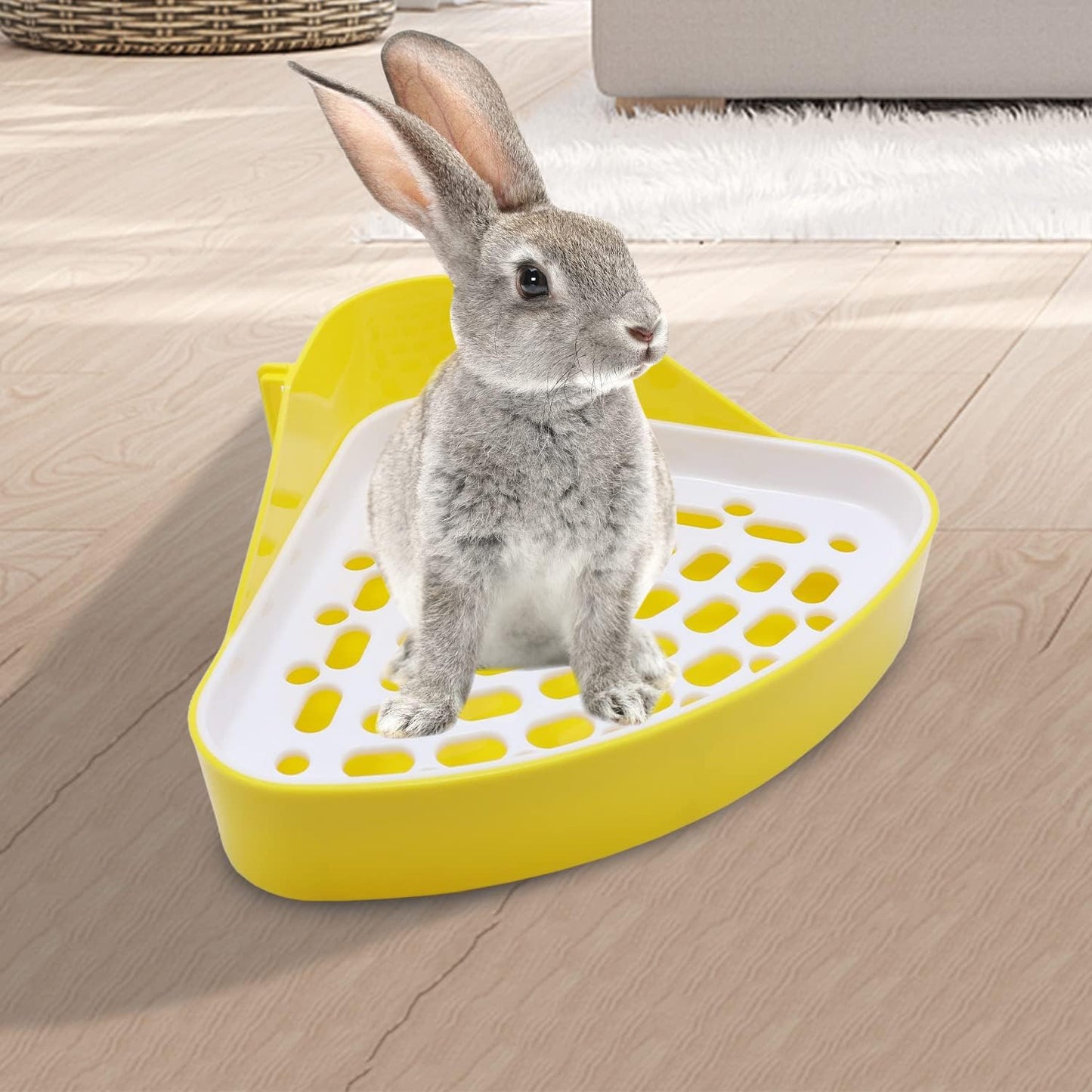 Rabbit Litter Box Toilet Bunny Corner Potty for Guinea Pigs, Yellow | Sturdy plastic, 9.45"x7.09"x4.33" pan, scalloped splash guard, mesh drop-through design, easy rinse-clean, for small animal