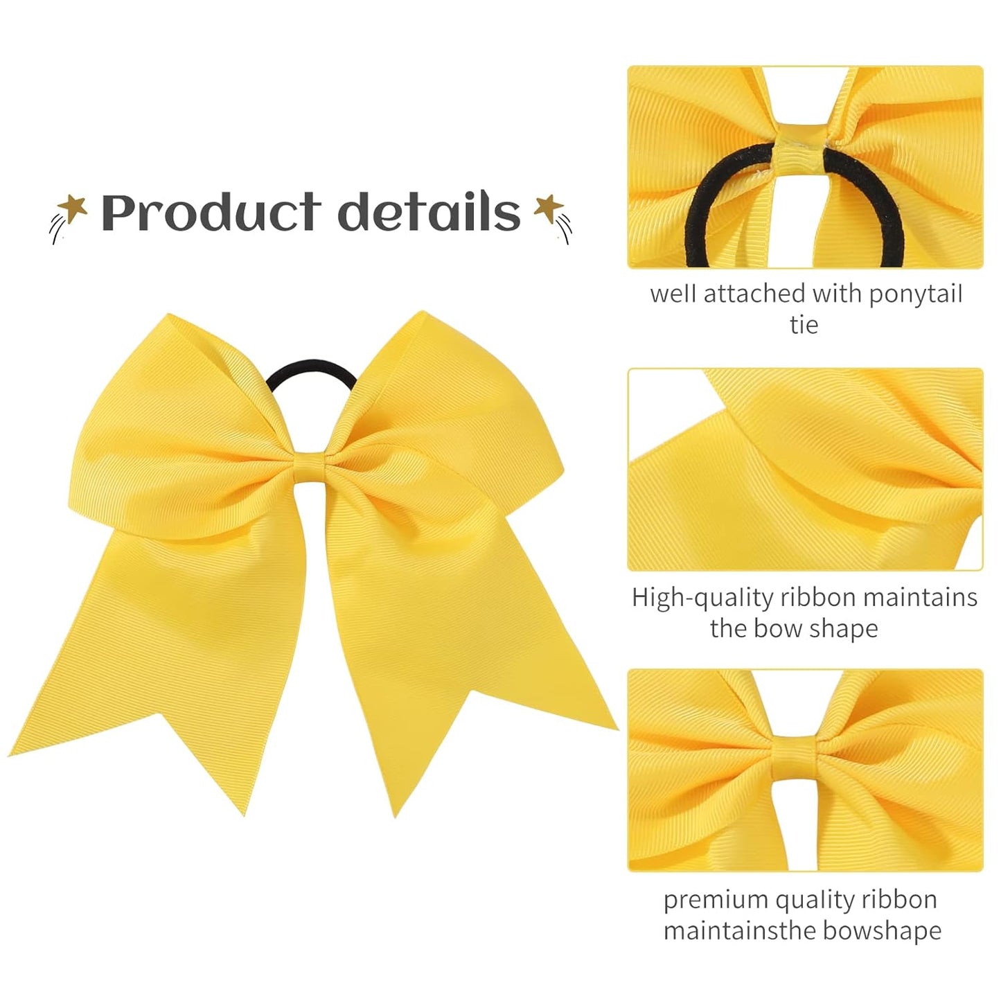 20 PCS 8 Inch Cheer Hair Bows Large Cheerleading Big Hair Bows with Ponytail Holder Hand-made Grosgrain Ribbon Hair Accessories for Teen Girls(Yellow)