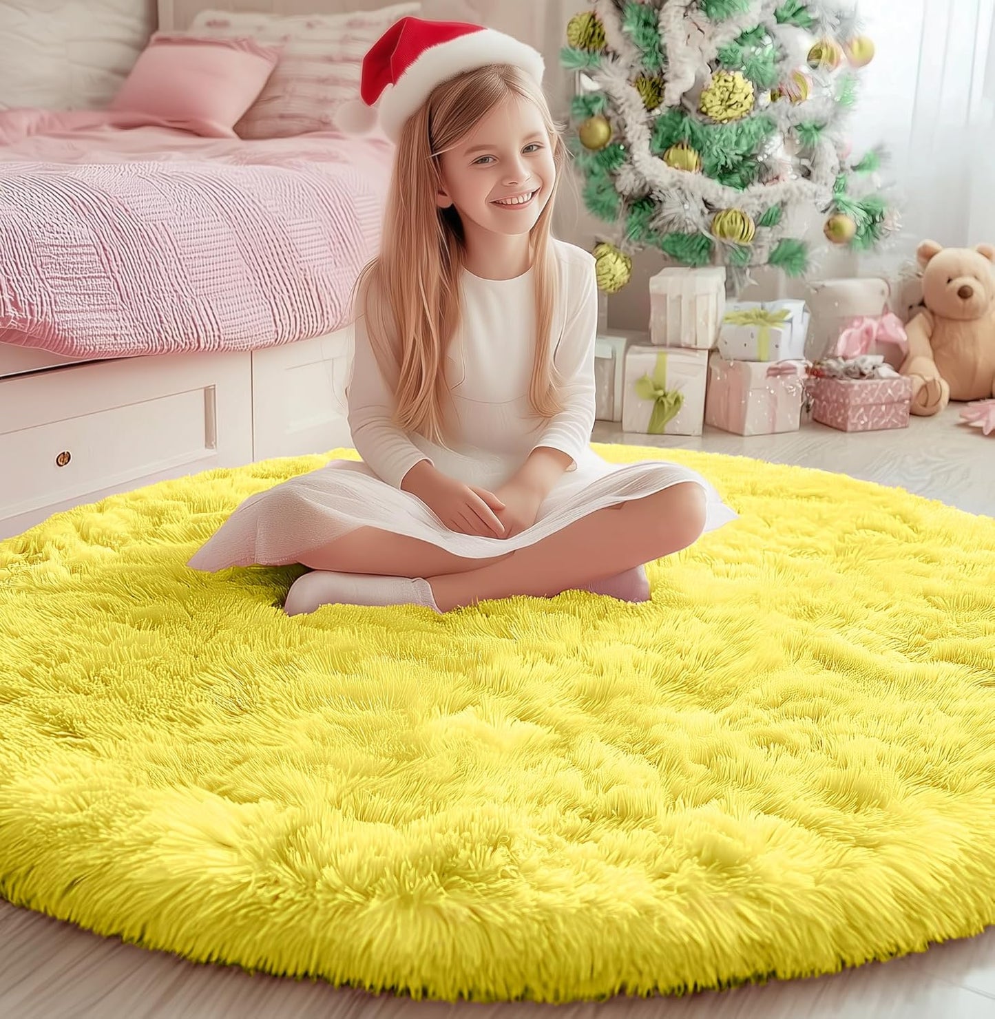 Yellow Round Rug 4Ft, Fluffy Carpets for Bedroom Girls,Cute Rug for Girls Room,Fuzzy Rug for Playroom,Circle Rugs for Kids Room,Shag Furry Carpet Rugs for Reading Nook, Baby Room