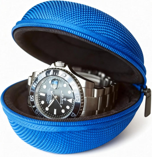 Portable Single Watch Cases | Zippered Travel Storage Boxes with Soft Cushion For Wristwatches & Smart Watches up to 50mm Compact Protection for Men & Women (Blue+Yellow)