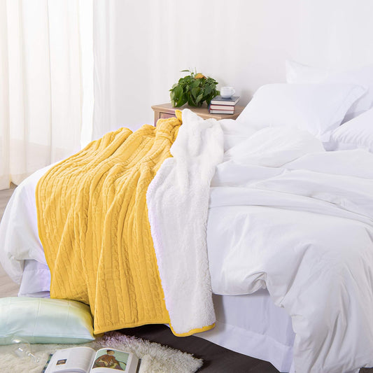 Cotton Oversize Cable Knit Sherpa Twin Blanket for Couch (60"x80"), Soft Warm Knitted Throw for Bed, Sofa, Chair, Yellow
