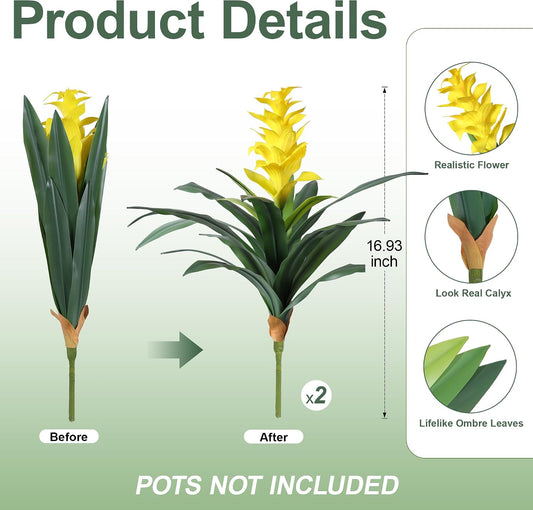 Faux Flowers for Outdoor Planters, 16.93" Bromeliad UV Resistant Fake Tropical Plants Realistic Artificial Flowers Outdoor Greenery for Front Porch Patio Yard Garden Planter Decor (Set of 2)