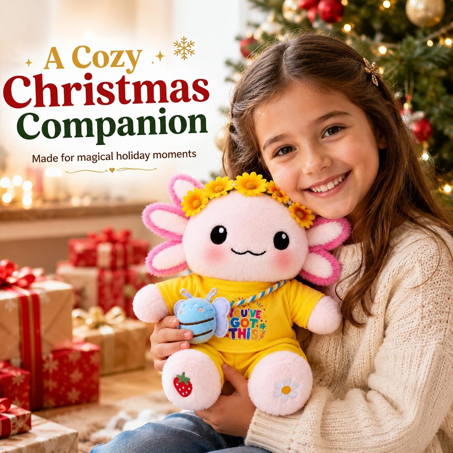 13-Inch Kawaii Axolotl Plush Set | Pink Axolotl Stuffed Animal with “You’ve Got This” Outfit, Sunflower Headband & Bee Crossbody Bag,back to school gifts