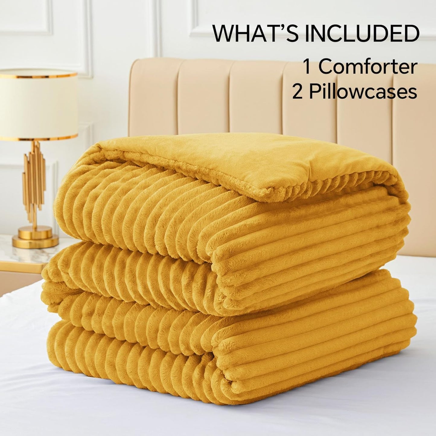 Fleece California King Comforter Set -Super Soft & Warm Fluffy Mustard Yellow Bedding, Luxury Fuzzy Heavy Bed Set for All Season with 2 Pillow Cases