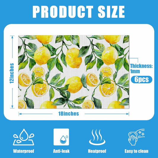 Vintage Lemon Placemats Set of 6, Washable Linen Place Mat Heat Resistant Non Slip Kitchen Dining Table Mats 12x18 Inch