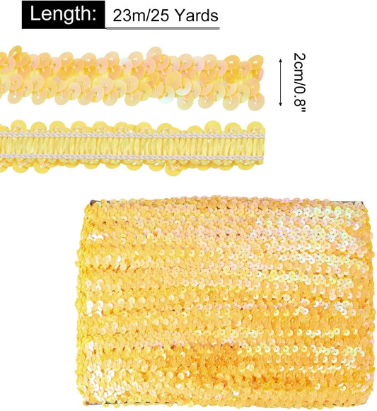 25 Yards 0.8 Inch Elastic Sequins Trim Flat Sequin Strip Paillette Fabric Ribbon for Crafts DIY Fringe Sewing Yellow