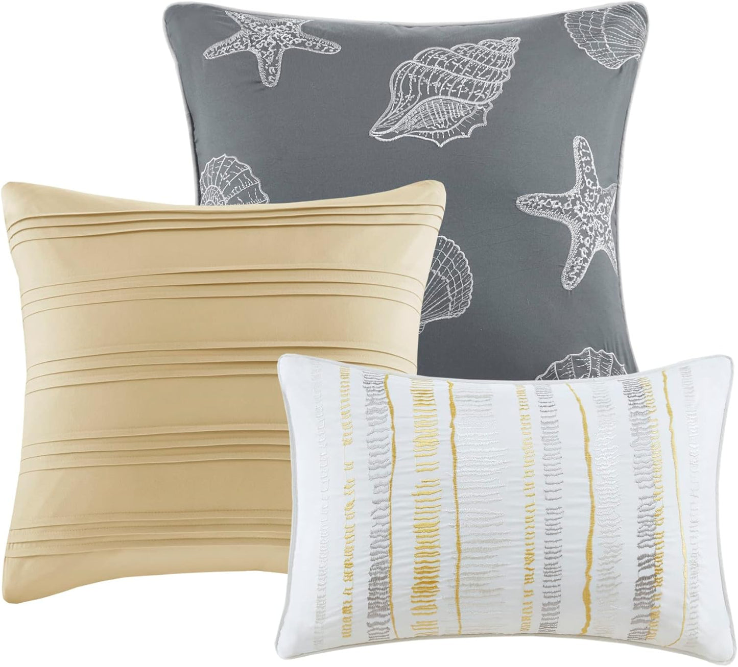 Quilt Set Cottage Coastal Design, 6 Piece Set - All Season, Coverlet Bedspread Lightweight Bedding Layer, Shams, Toss Pillows, King/Cal King(104 in x 94 in), Yellow/Grey