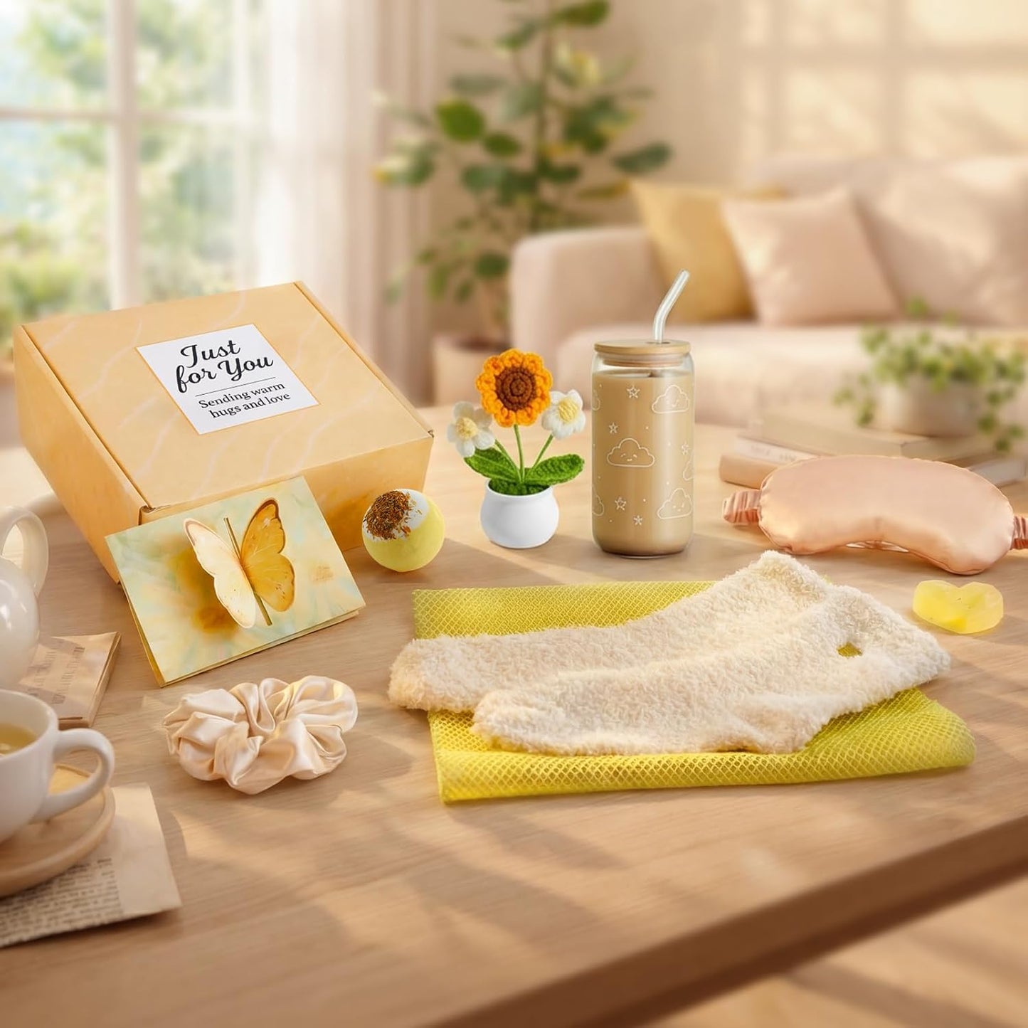 Self Care Gifts for Women, Yellow Spa Gift Box | Plush crochet feel, bath care, cozy rest, drink moments, keepsake, birthdays, home spa, for mom, friend, sister, coworker