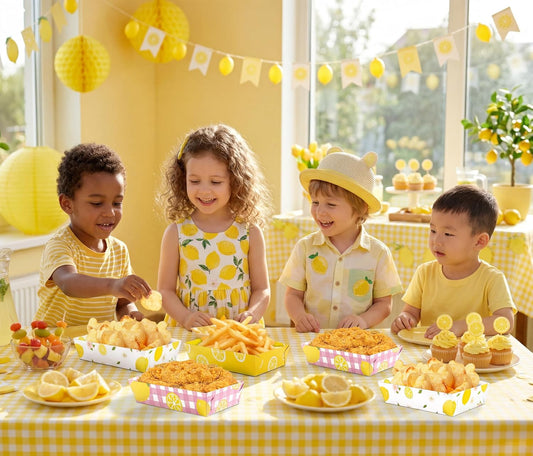50Pcs Lemon Paper Food Trays Decor Disposable Serving Plates Pink and Yellow Lemonade Summer Freshly Graduated Party Birthday Baby Shower Picnic Supplies Bulk