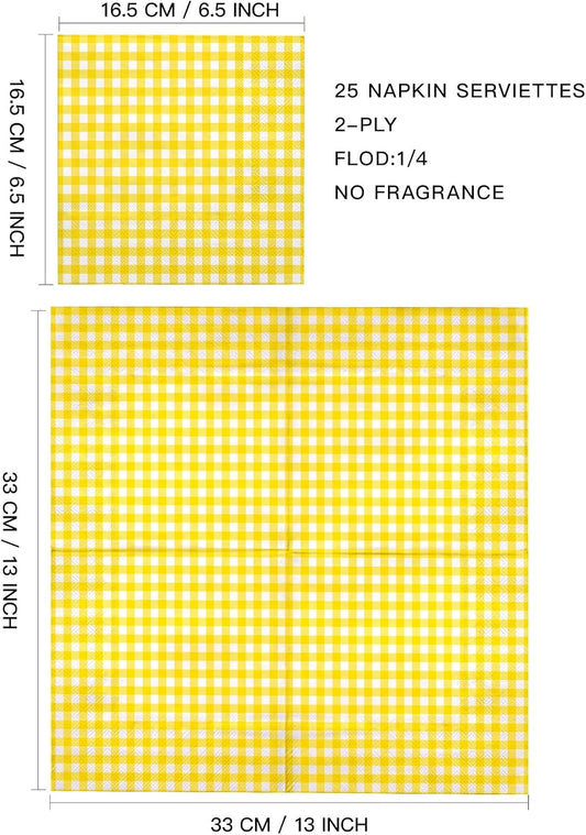 25Pcs Yellow Plaid Paper Napkins - 3-Ply Yellow and White Gingham Disposable Luncheon Napkins for Easter, Birthday, Picnic and Daily Use - 6.5 x 6.5 In