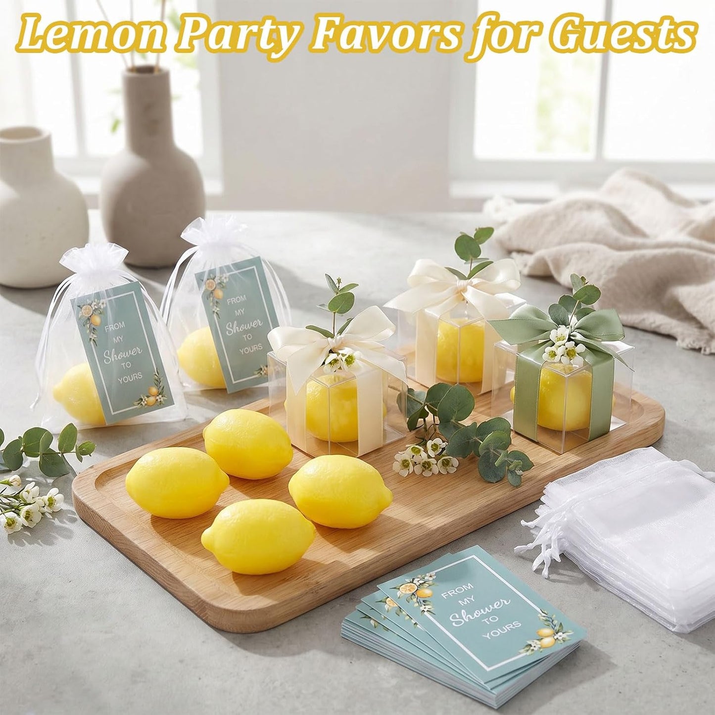 50 Set Lemon Soap, Lemon Party Favors for Guests, Yellow Lemon Shaped Soap Bar with Cards and Organza Bags, LemonThemed Party Decor & Lemon Gifts for Wedding Bridal Shower Baby Shower