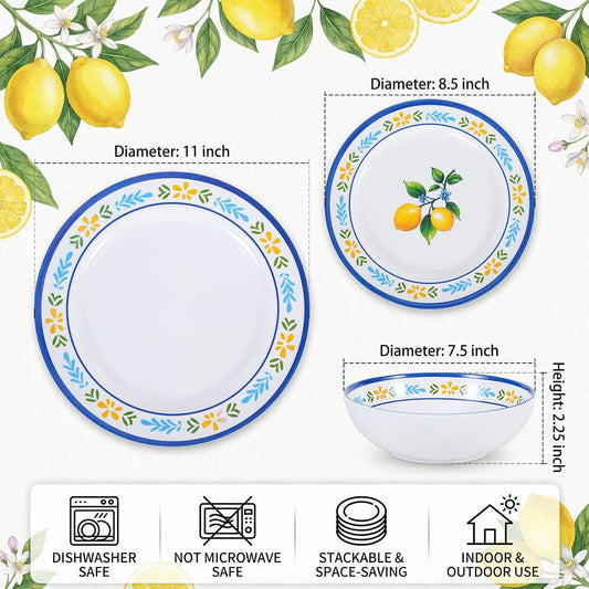 12-Piece Melamine Dinnerware Set - Unbreakable Lemon Dish Set, Indoor and Outdoor Plates and Bowls Sets for Housewarming, Birthday & Holiday Gifts, Service for 4 (Lemon)