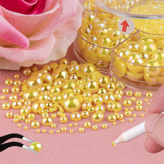 6000 Pcs Flat Back Nail Pearls Kits 30 Pearls for Bedazzling Nail Decor | Mixed Sizes Lemon Yellow AB Small Pearls for Nails Pearls for Crafting Graduation Cap Decorations Body Face Craft Salon Use