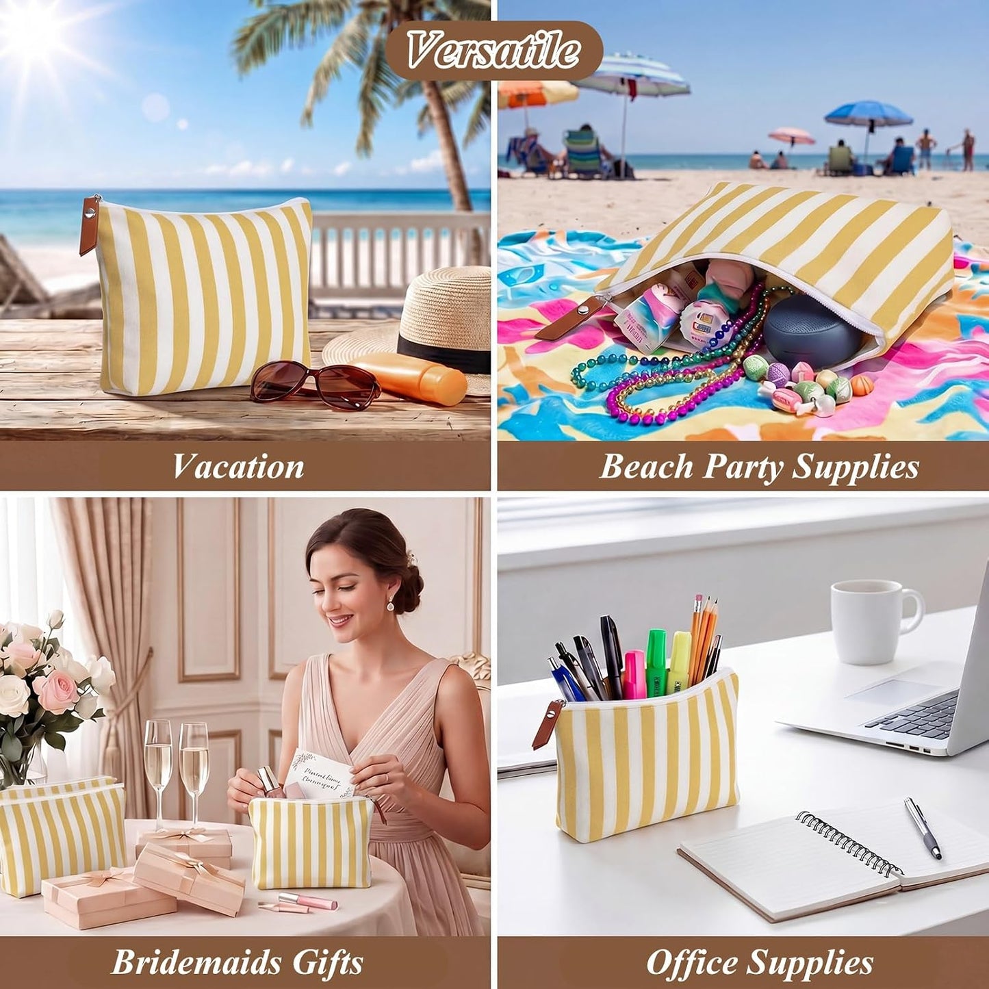 12 Pcs Yellow Striped Makeup Bags Bulk | Canvas Cosmetic Bag Travel Toiletry Organizer Zipper Pouch Bags for Women Bridemaids Party Favors