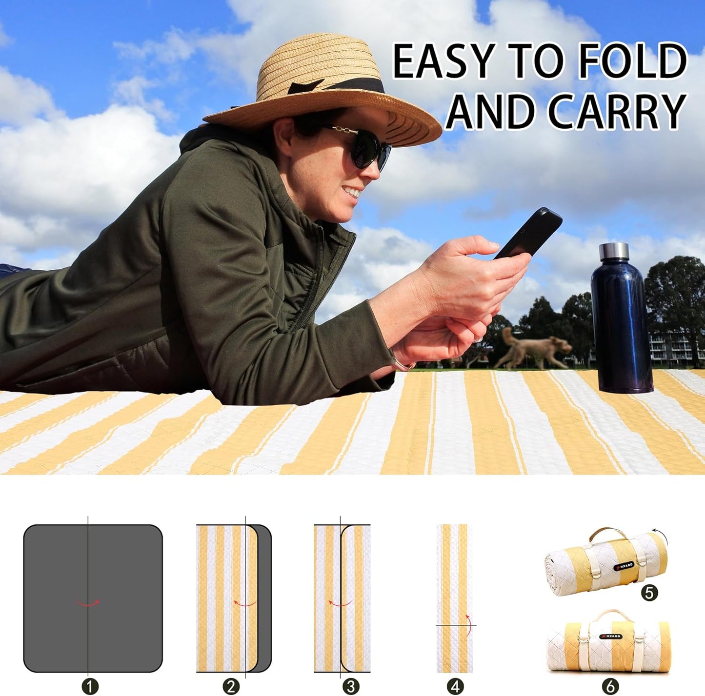 Extra Large Picnic Outdoor Blanket, 80”x60” Waterproof Picnic Mat Foldable Camping Blanket Portable with Carry Strap for Beach Mat Outdoor Camping Party(Yellow)
