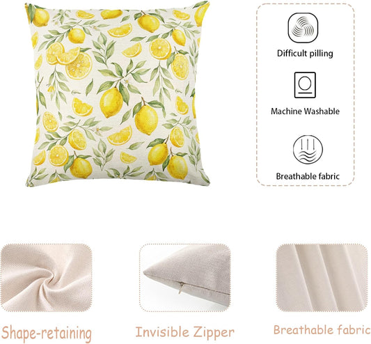 White Base Watercolor Yellow Lemon Linen Throw Pillow Cover 18x18 Inch Fresh Farmhouse Decor, No Pillow Insert
