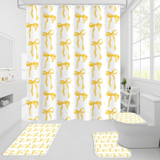 Litabel 4Pcs Cute Yellow Bow Shower Curtain Sets with Rug, Toilet Lid Cover and Bath Mat, Aesthetic Bowknot Shower Curtains for Yellow Bathroom Decor, Modern Minimalist White Waterproof Bathroom Set