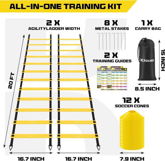 2 Pack 20ft Agility Ladder Set, 40ft Total Adjustable Speed Ladder with 12 Cones, 8 Stakes, 1 Carry Bag - Parallel Footwork Drills Gear for Football Soccer Basketball Training Equipment