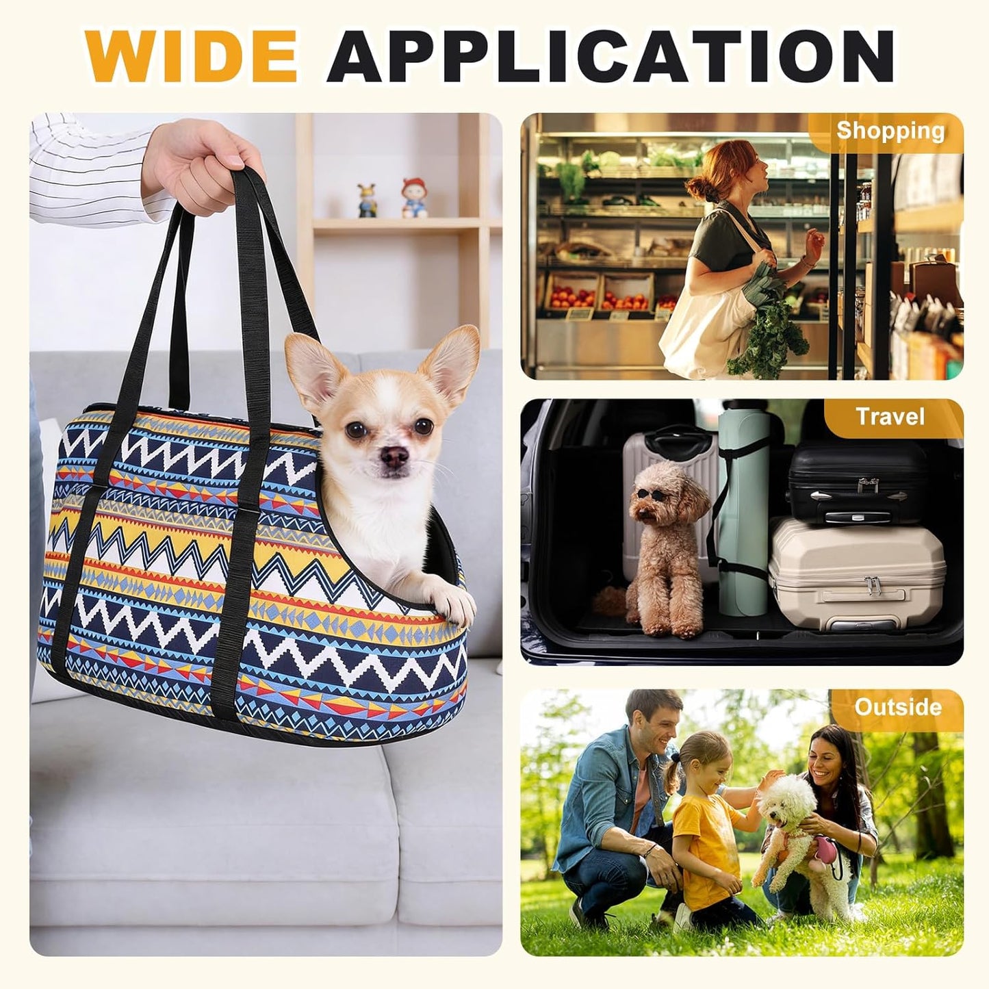 Dog Purse Carrier with Crossbody Strap, Breathable and Portable, Small Dog Sling Carrier, (19.7" x 7.9" x 10.6", Yellow Blue White), Intended for Hiking/Camping/Traveling