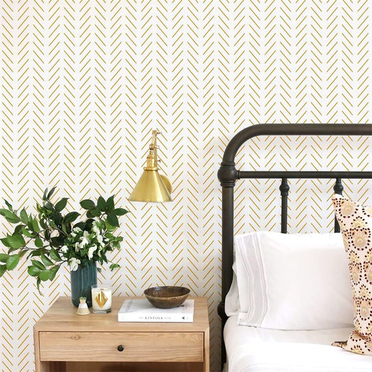 Peel and Stick Wallpaper Yellow and White Contact Paper | 17.7 in x393.7 in Herringbone Geometric Wall Paper Peel and Stick Modern Lines Decorative Self Adhesive Wallpaper for Bedroom